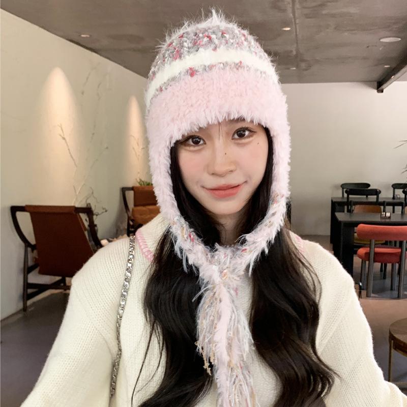 Wool hat female face small Maillard winter fringed braids thickened thermal ear protection hat cold knitted hat cold hat
