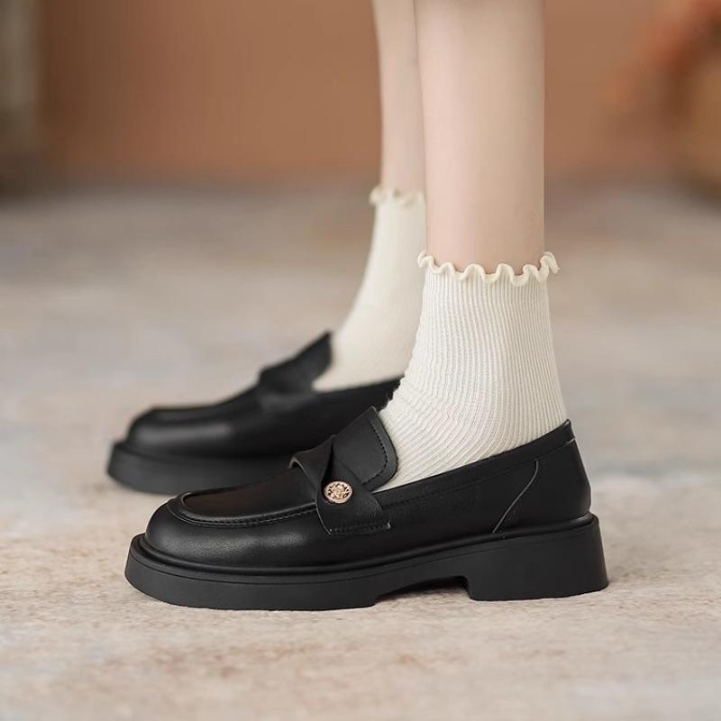Leather gold coins women's spring new thick-heeled single shoes with thick soles and small leather shoes with one pedal.