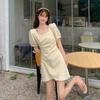 Summer Short Dress Solid Color Square Neck Waist Thin Bubble Sleeve Irregular Pleated Short Sleeve Dress
