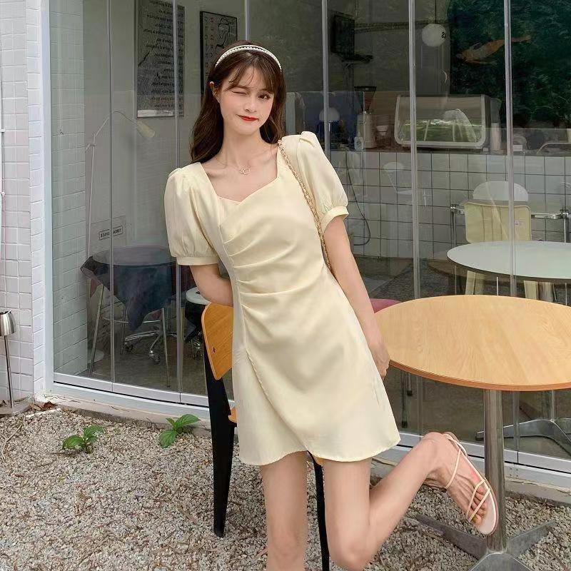 Summer Short Dress Solid Color Square Neck Waist Thin Bubble Sleeve Irregular Pleated Short Sleeve Dress