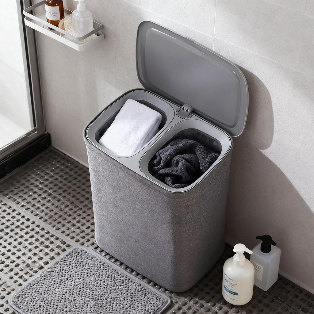 Foldable Laundry Basket with Lid Double Compartments Dirty Clothes Organizer Utility Storage Bin for Laundry Room Organization