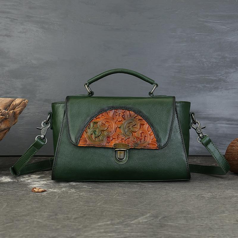 Genuine Leather Women's Bag, Retro Embossed Totem Crossbody Handbag, Color-rubbed Lock Buckle Small Square Bag