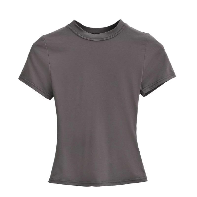 Amoi Women's Solid Color Kardashian Crew Neck Slim-Fit Short Bottom Shirt Basic Short Sleeve Shirt