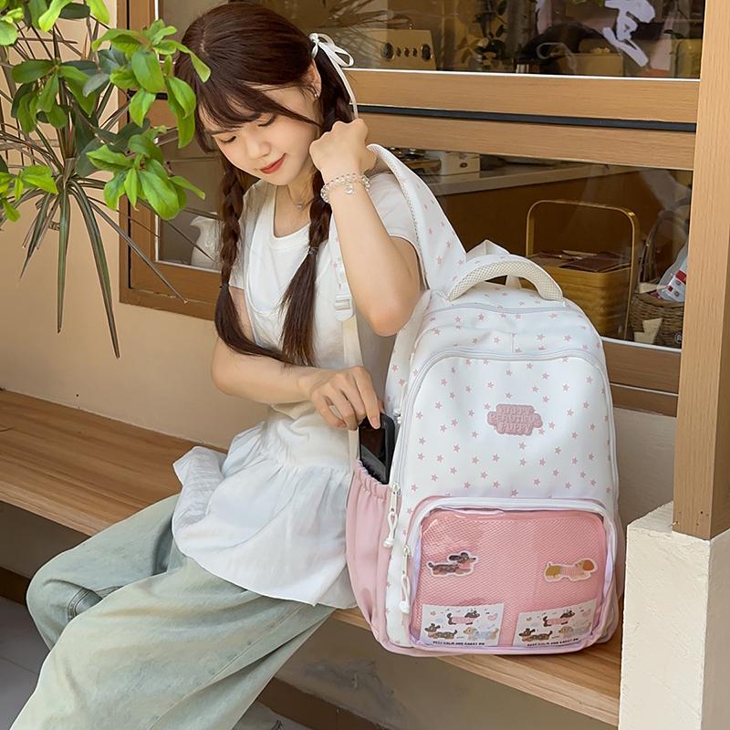 Women's Large Capacity Backpack Color Block Student Schoolbag Girls Stars Print Backpack