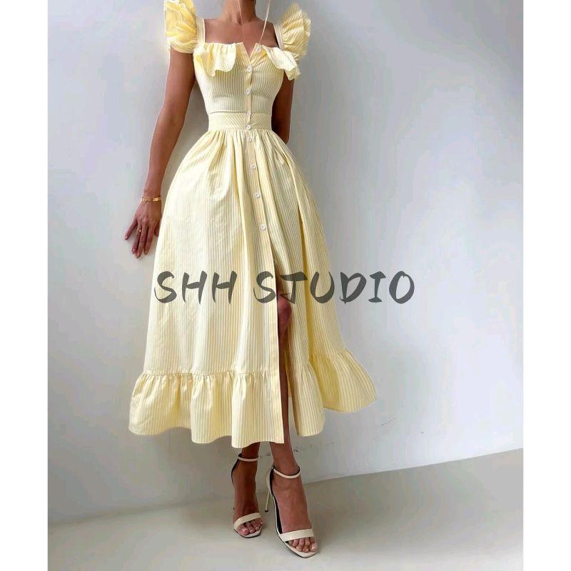 Summer New Arrival Women clothes Sweet Style Square Collar Single Breasted Slim fit Stripe Frill Waist Hugging Long Dress