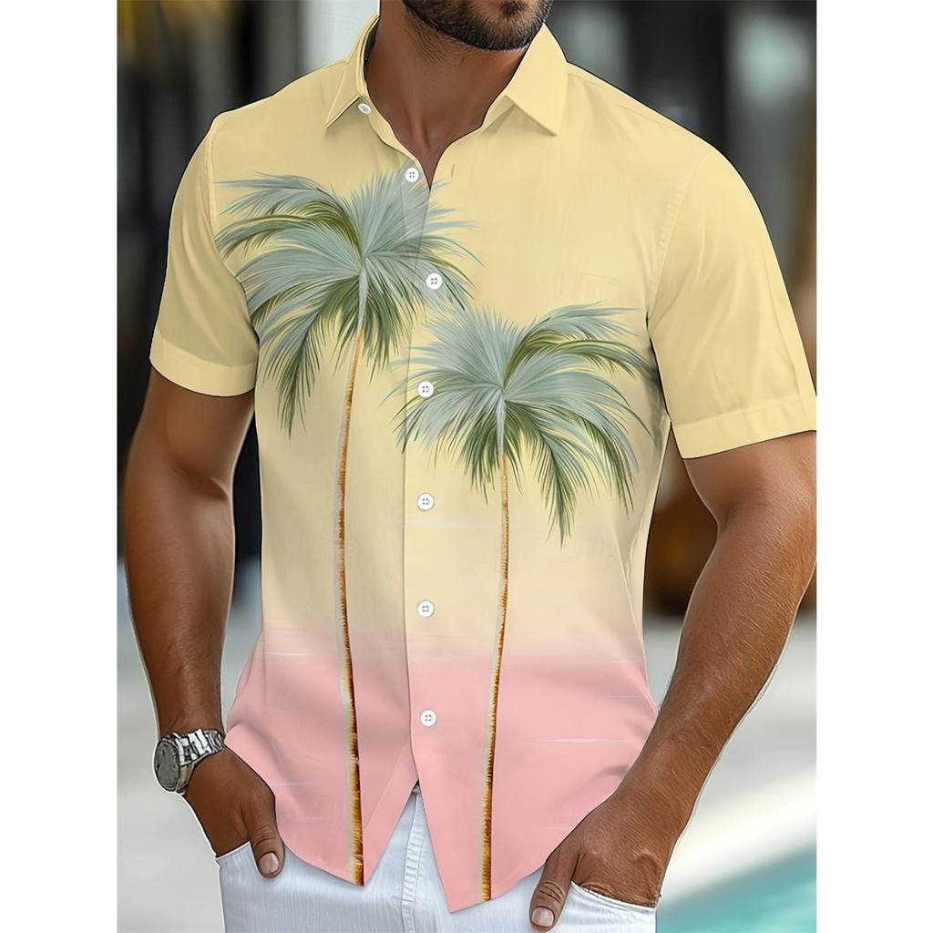 Hawaiian Summer Men's Shirt Coconut Gradient Tropical Plant Button Shirt Hawaiian Short Sleeved Shirt