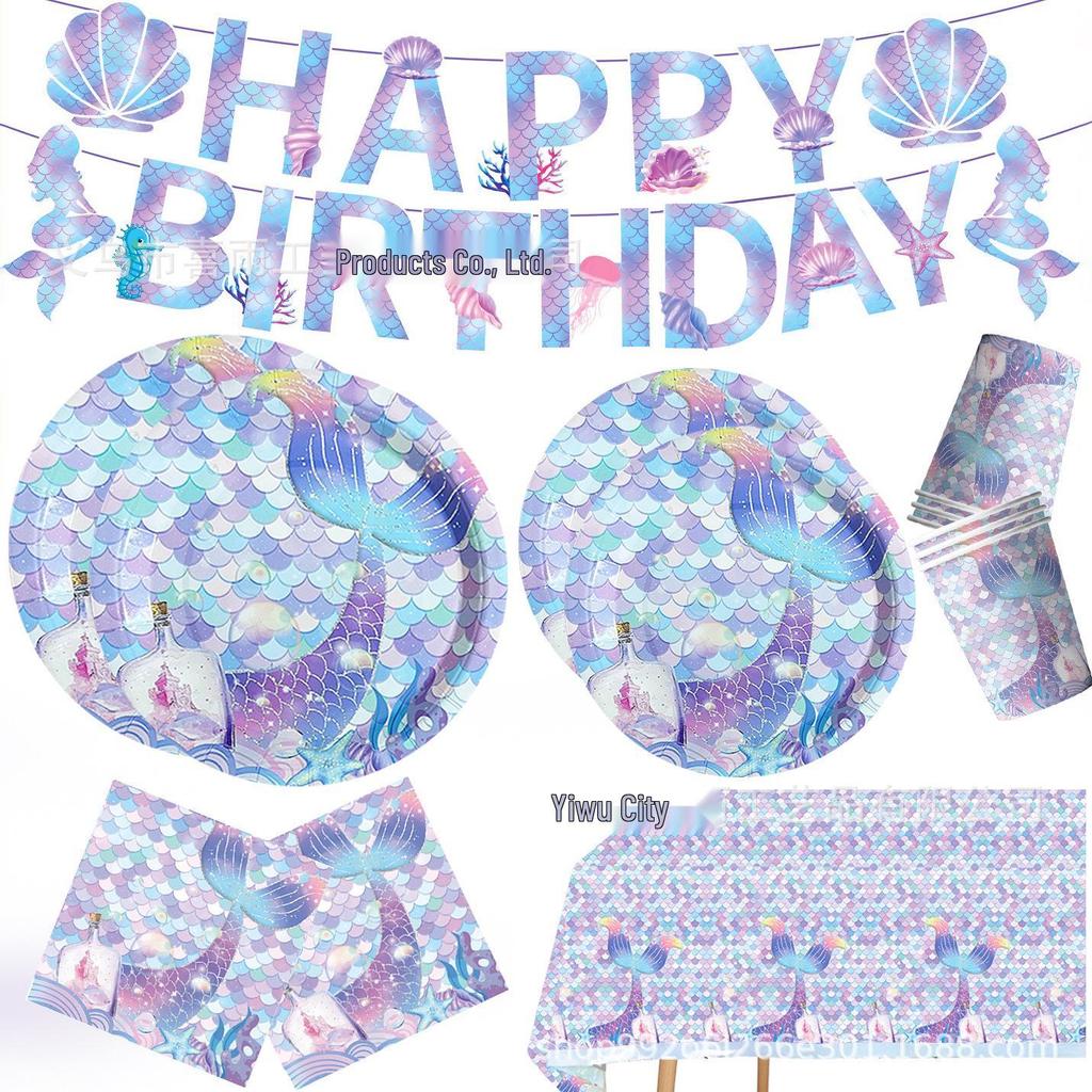 Pink Mermaid Birthday Party Set: Tablecloth, Plates, Cups, Balloons, and Cutlery