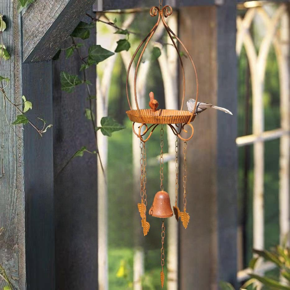 Rust-Colored Small Birdhouse Feeder with Bell Wind Chime.