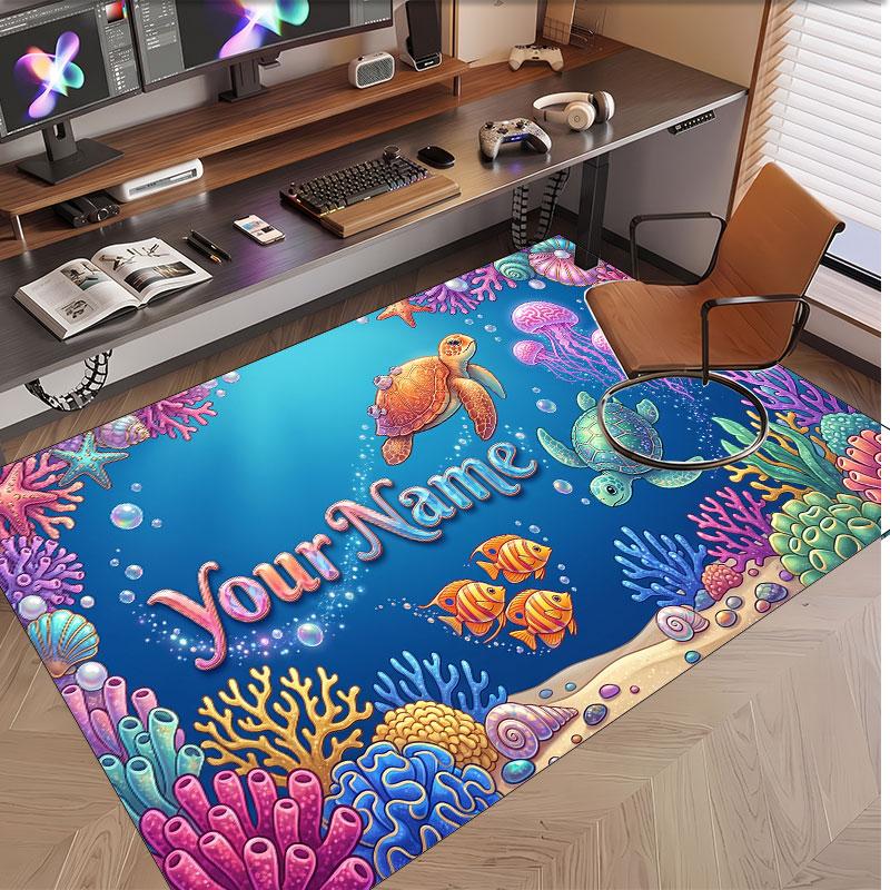 Fish Ocean Theme Soft Crystal Velvet Rug Custom Name & Text Print Non Slip Floor Rug for Bedroom Living Room