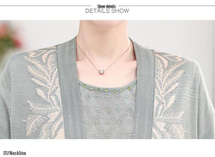 Spring Knitted Cardigan & Ice Silk T-shirt Set for Women Aged 40-50: Short-Sleeved Fashion Ensemble