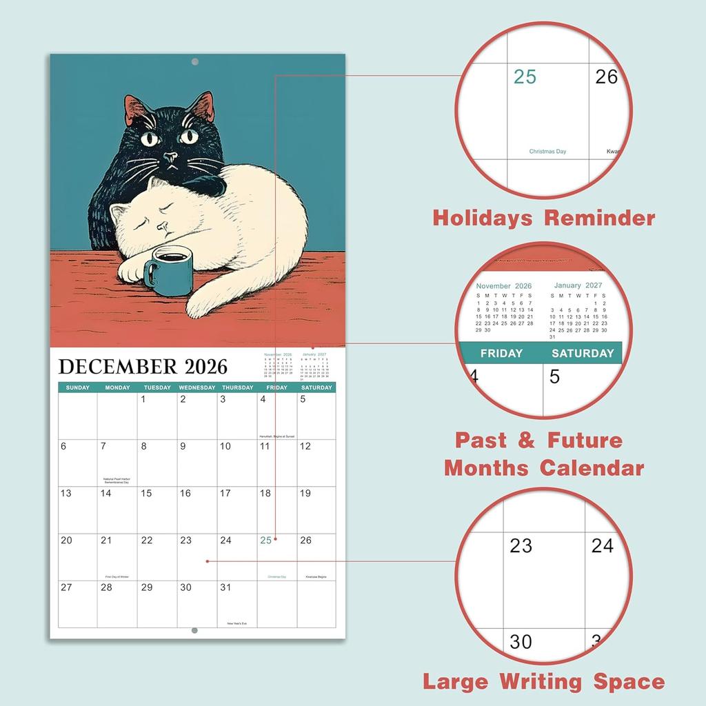 2026 Wall Calendar - 2026 Calendar, January - December 2026, 12" x 24" (Open), Cats Calendar 2026 with Hanging Hole for Home & Office