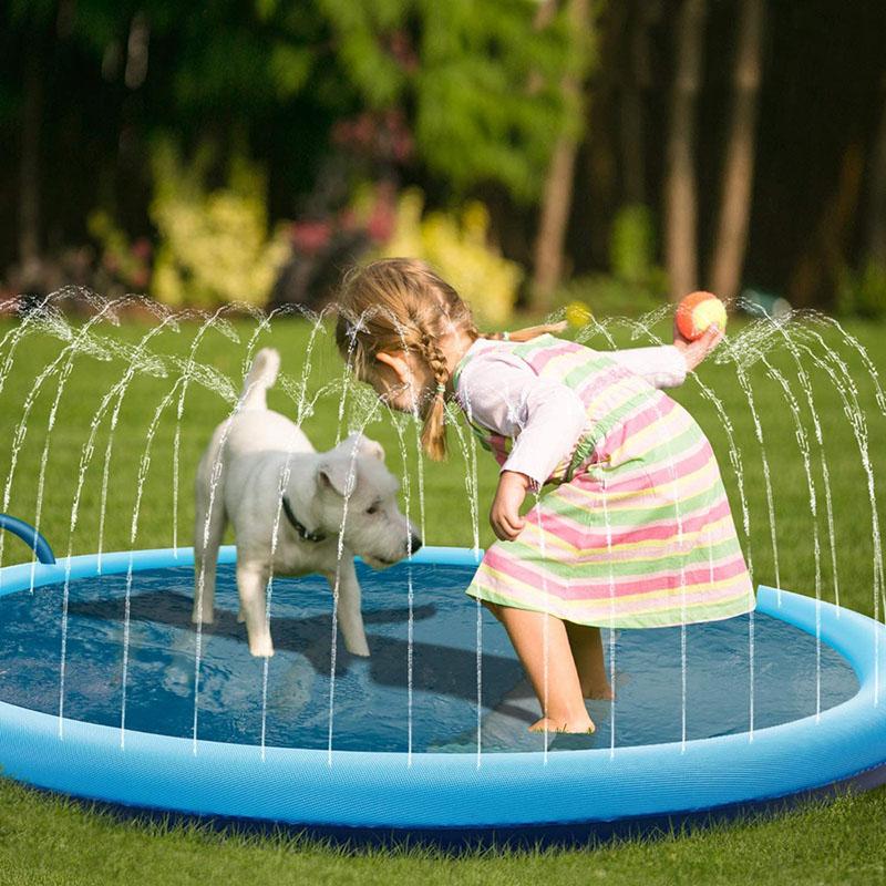 Piscina de Verão para Animais de Estimação Inflável Almofada de Sprinkler de Água Brinquedo de Fonte Interativa ao Ar Livre para Cães