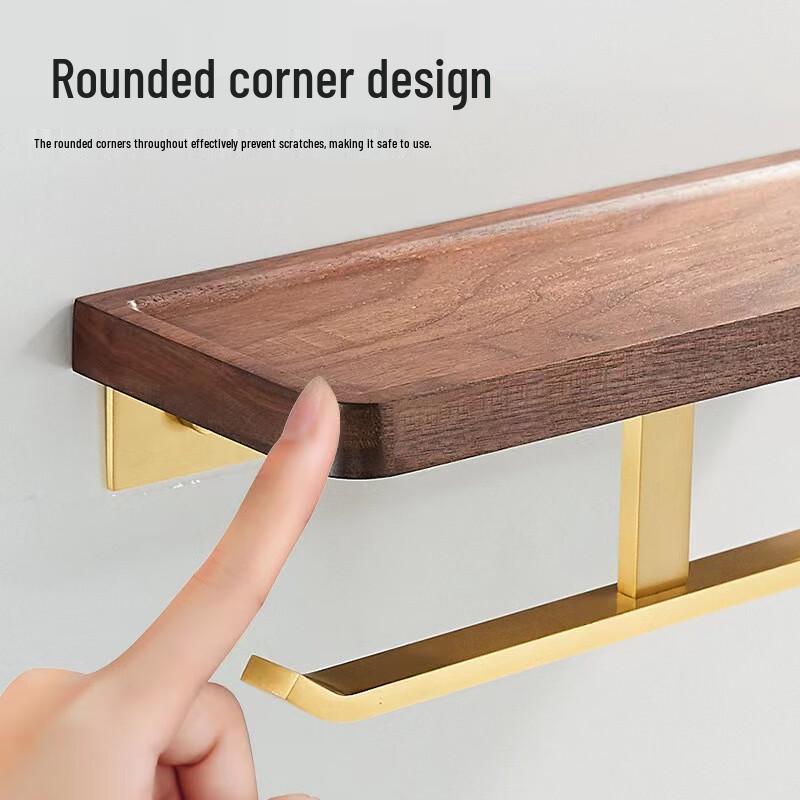 Walnut Wood Punch-Free Double Toilet Paper Holder with Storage Shelf