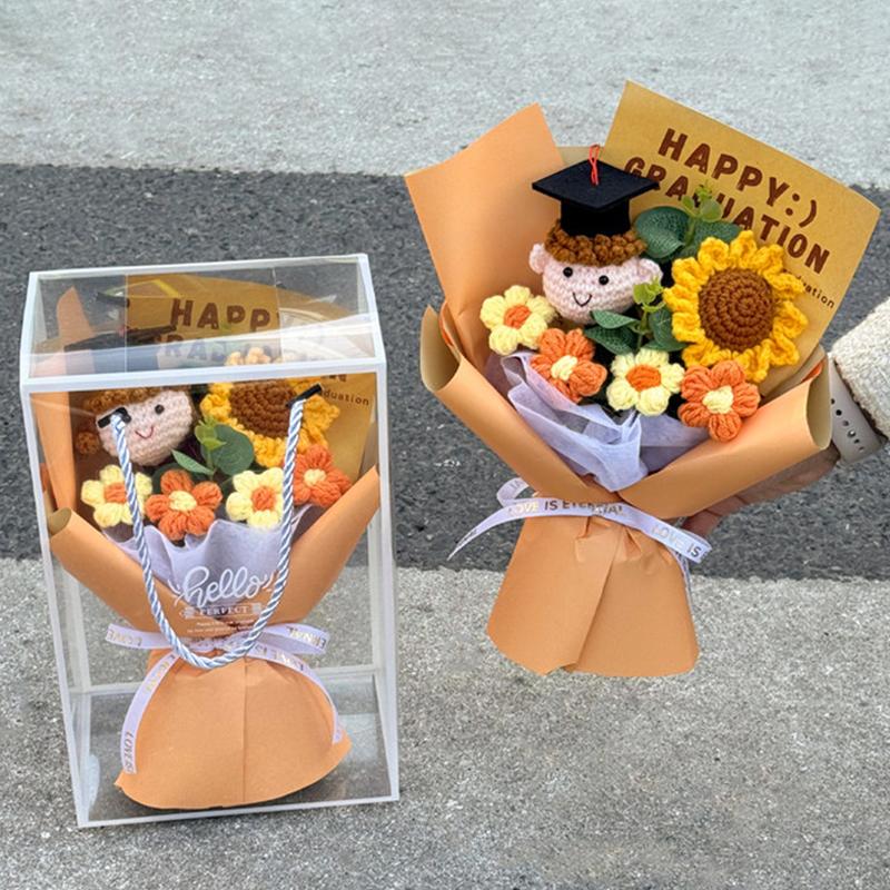 Graduation Crochet Flower Bouquet Hand Knitted Sunflowers Bear Flower Bouquet Teachers Day Gift Graduation Party Decoration