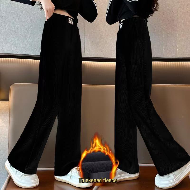 

2025 Девичьи брюки широкого кроя на флисовой подкладке - Модная осенне-зимняя повседневная одежда для детей среднего и старшего возраста 150