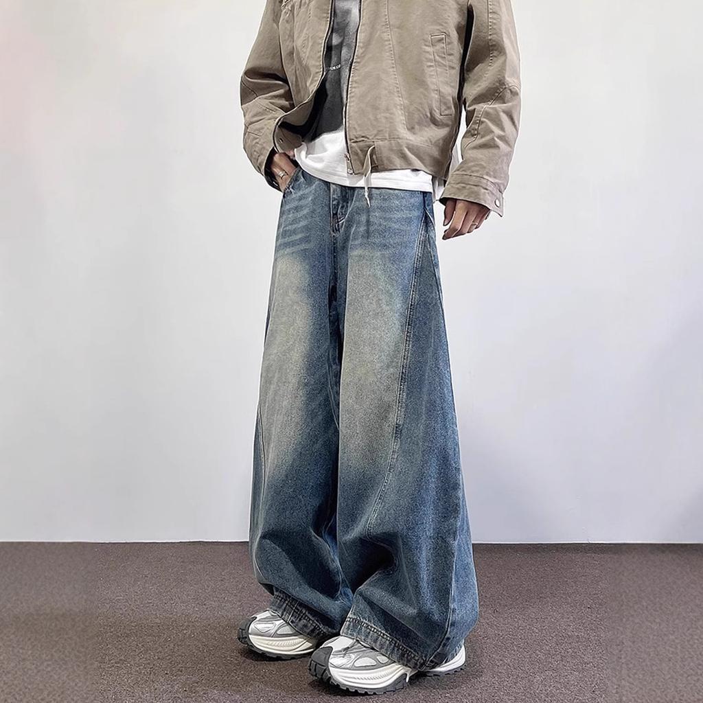 American High Street Wide-leg Jeans Men's Trendy Brand Deconstruction Washed Loose Casual Mopping Versatile Couple Trousers