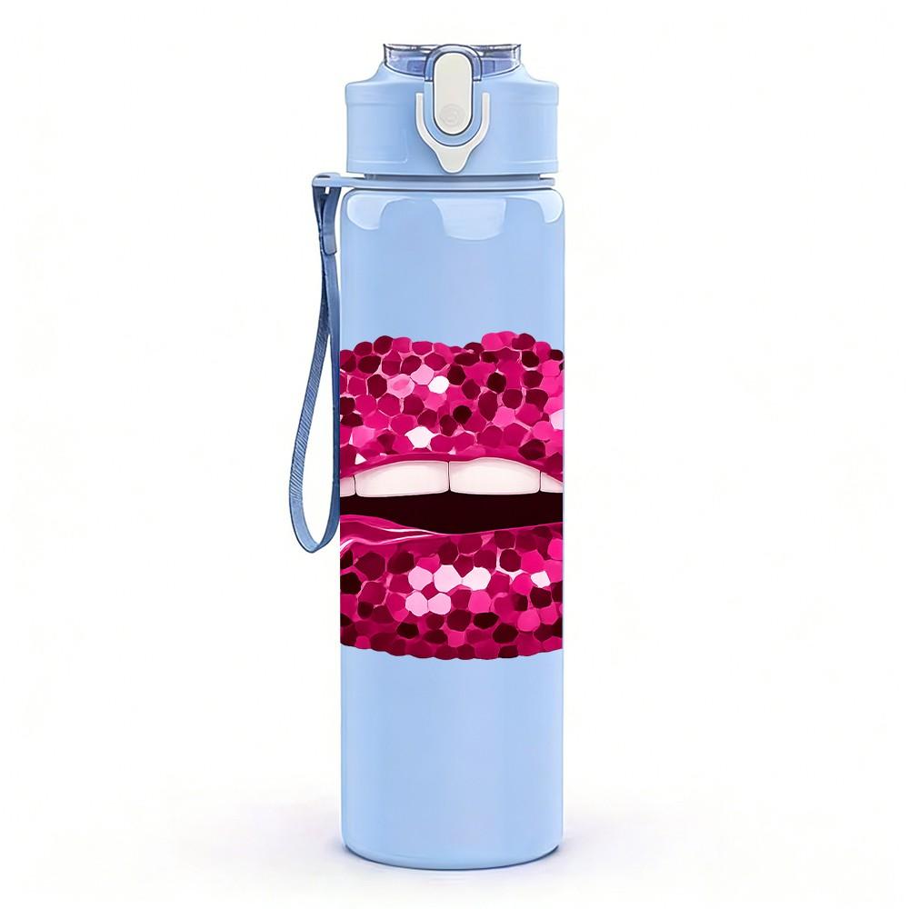 1PC Shiny Red Lips Lip Art Print 750ml Color Plastic Sports Water Bottle Leakproof Flip Straw Lid Suitable for Sports Office Home Use
