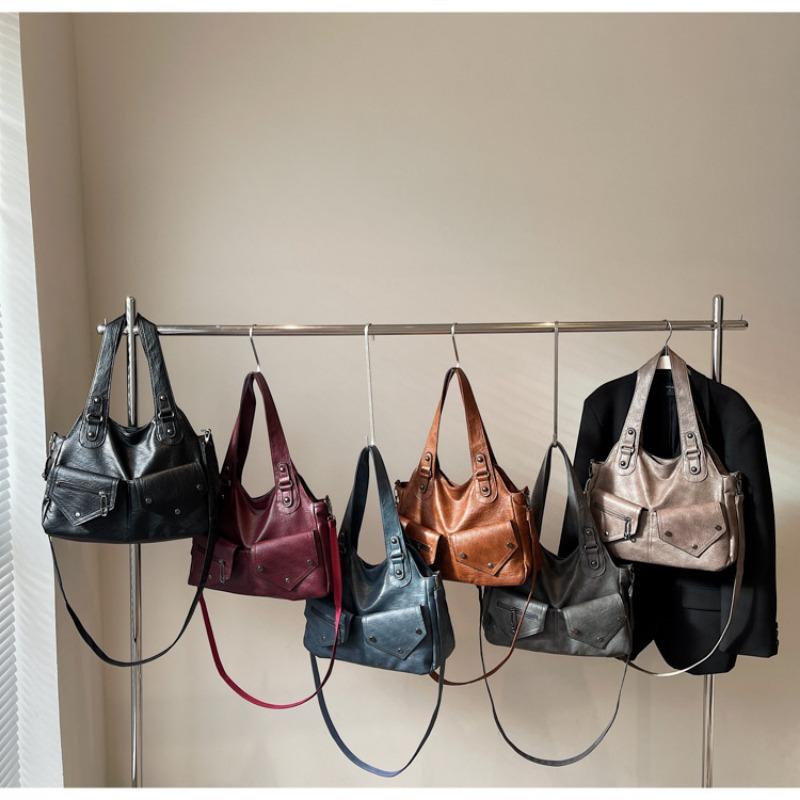 Retro shoulder bag contrasting color splicing tote bag