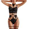 Women Garter Belt Lingerie Set 3 Piece Deep V Neck Halter Neck Strappy Lace Pure Color Breathable