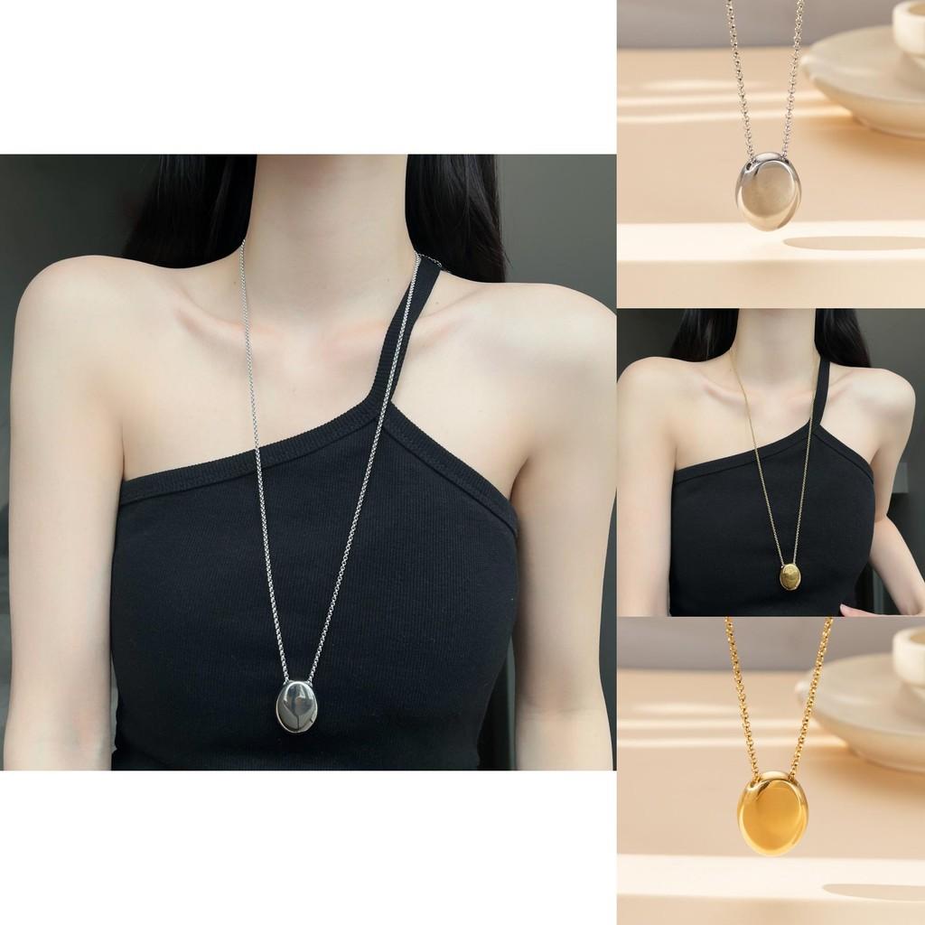 Contemporary Long Oval Pendant Necklace In Metallic Finish For Fashionforward Women