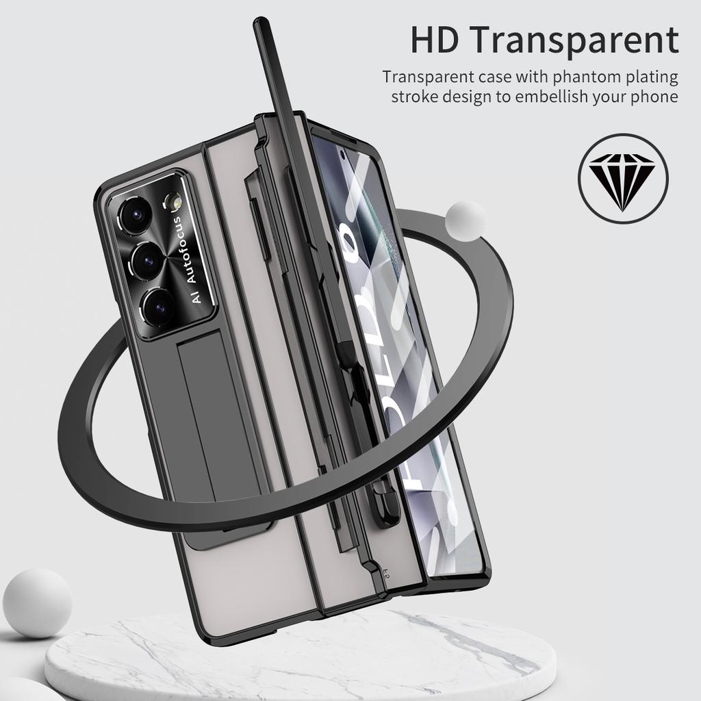 For Samsung Galaxy Z Fold6 5G Kickstand Phone Case PC Folding Cover with Tempered Glass Film+Stylus Pen