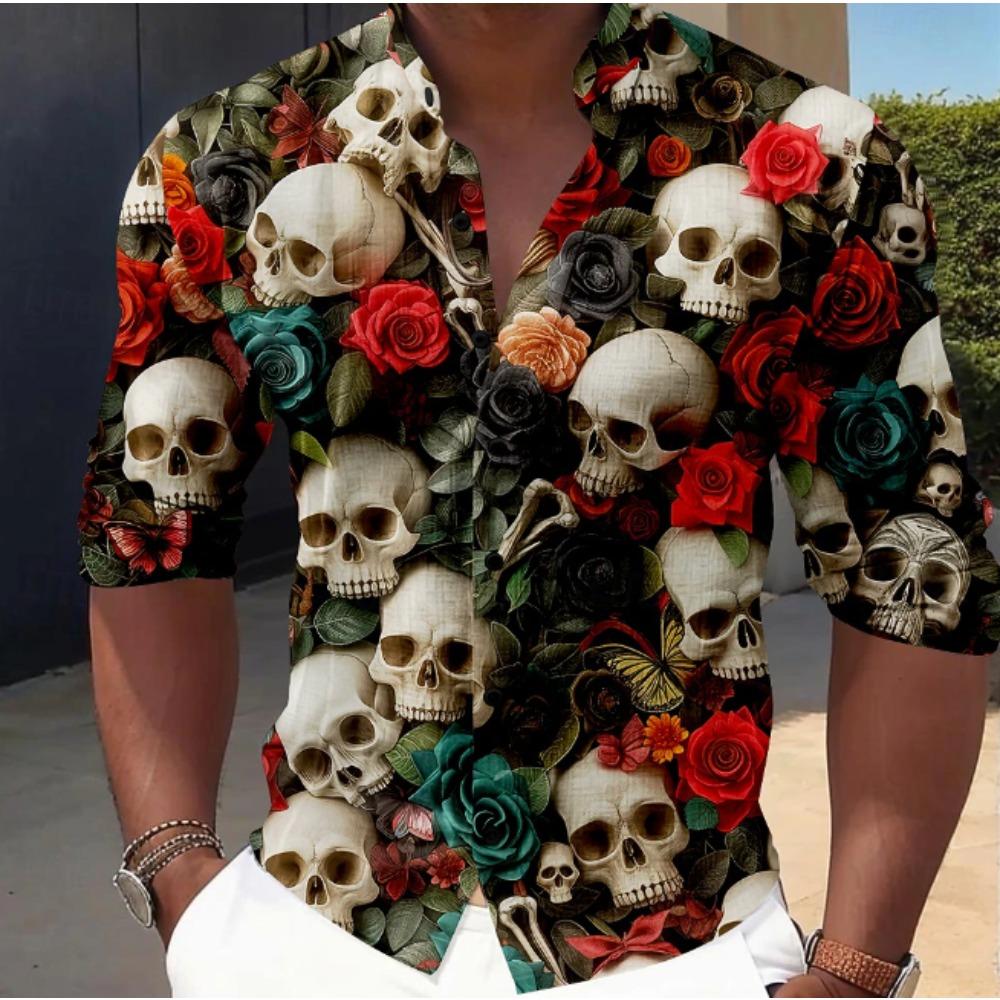 Erkek Kurukafa Başlı Baskılı Uzun Kollu Gömlekler Günlük Hırka Yeni Düğmeli Tatil Moda Gömlekleri