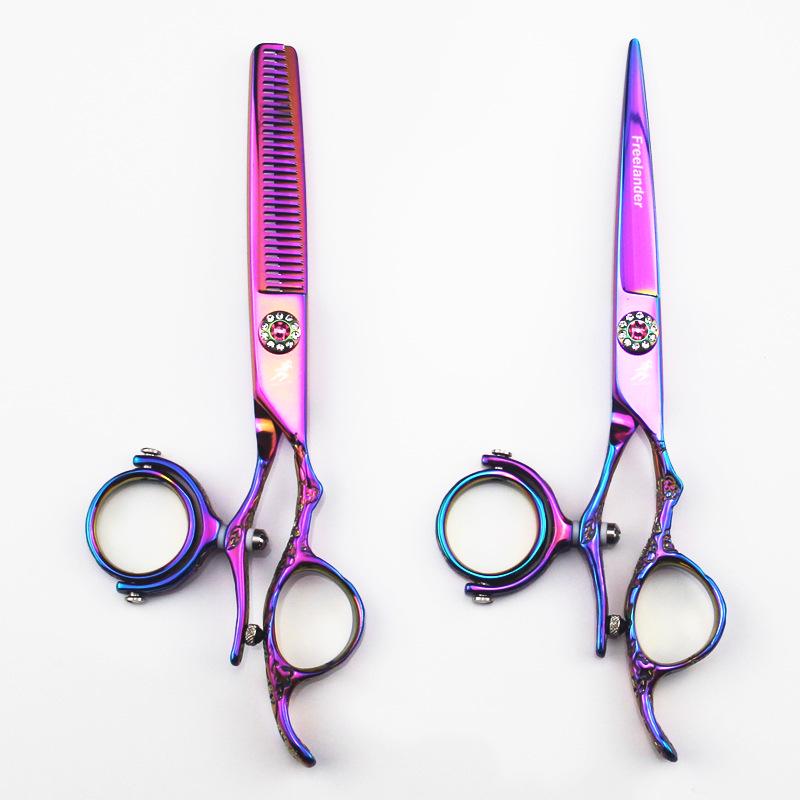 6.0" Plum Blossom 720° Rotating Handle Multi-Function Hairdressing Scissors: Color Straight, Serrated, and Thinning Shears