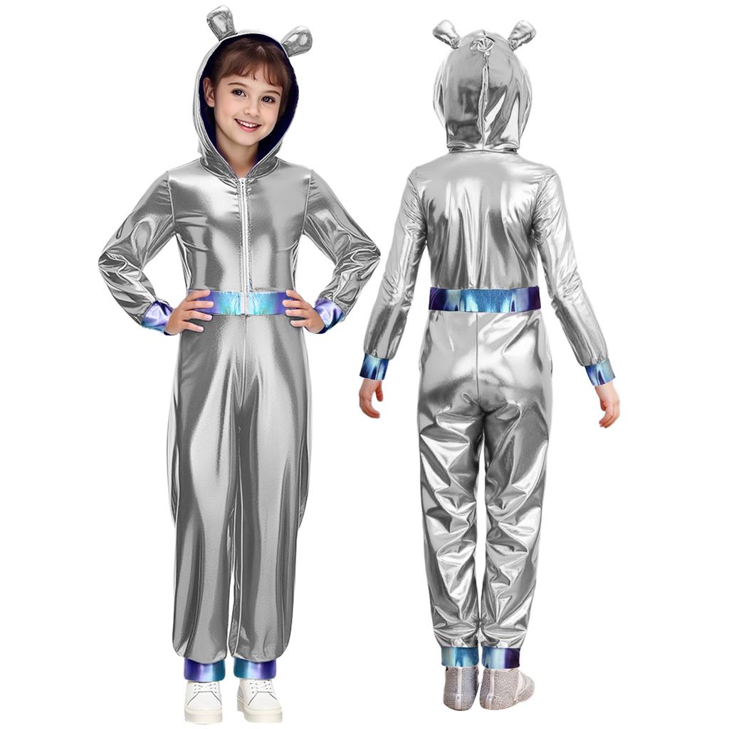 Salopetă extraterestru ușor de purtat pentru fete Halloween: Costum Metalic cu Fermoar și Glugă, Perfect pentru Îmbrăcare Rapidă & Spectacole