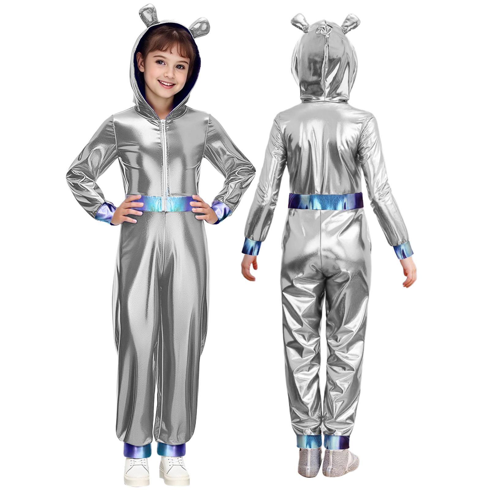 

Complete Alien Stage Performance Outfit for Girls: Full Body Metallic Jumpsuit with Hood & Easy Front Zipper for Shows 5-6 Years срібний