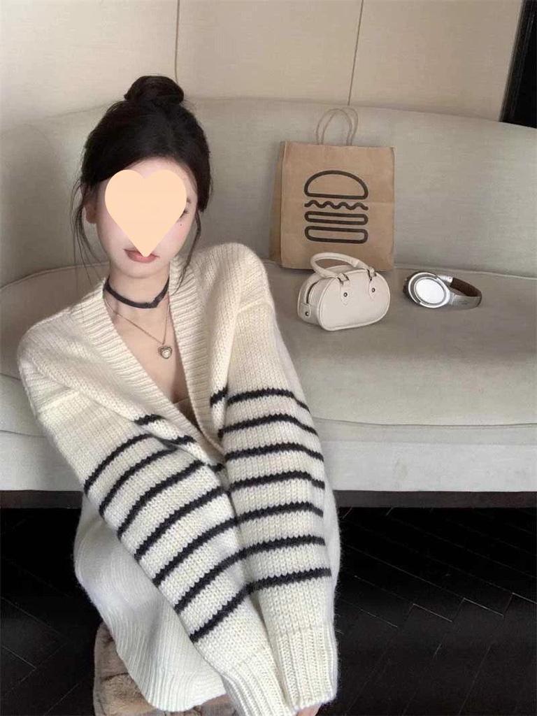 Women's Soft Striped Knitted Cardigan - Unique Lazy Style Sweater Coat for Spring & Autumn 2024