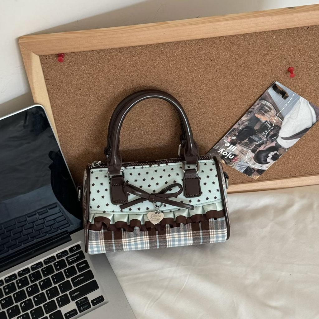 Canvas Boston Tasche mit Spitzenbesatz und süßer Schleife für den täglichen Gebrauch Damenmode