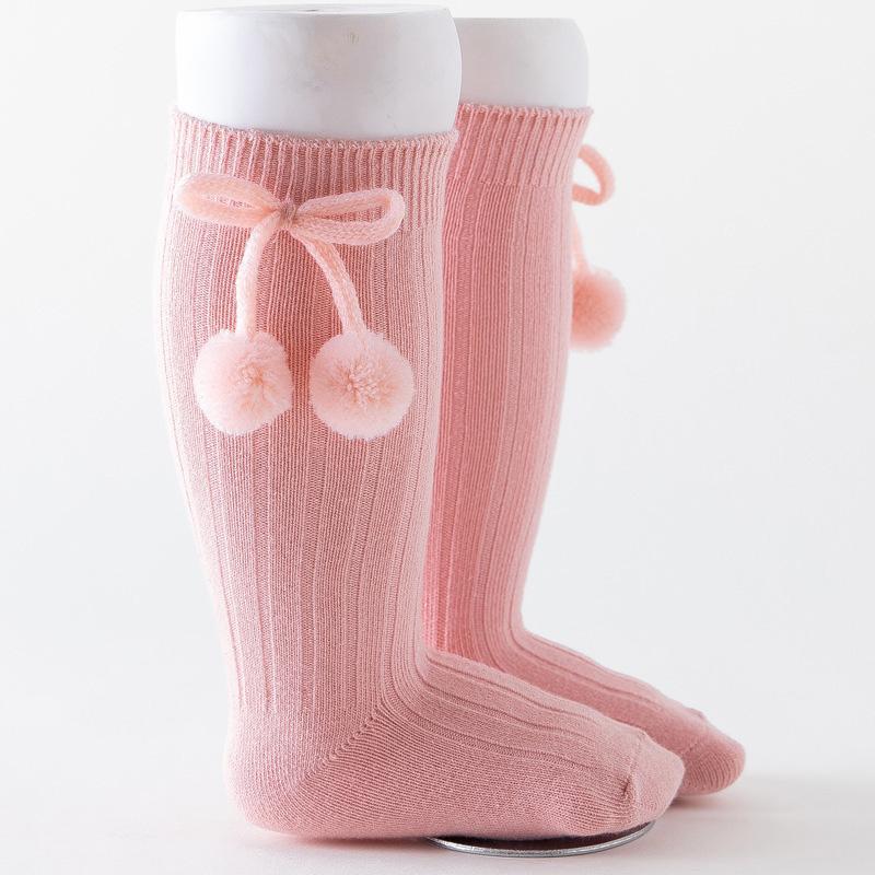 Baby Socks Solid Cotton Soft Long Princess Socks with Cute Pom-Pom Bow Decor Boy Girls Stretchy Warm Cozy Casual Socks Stockings