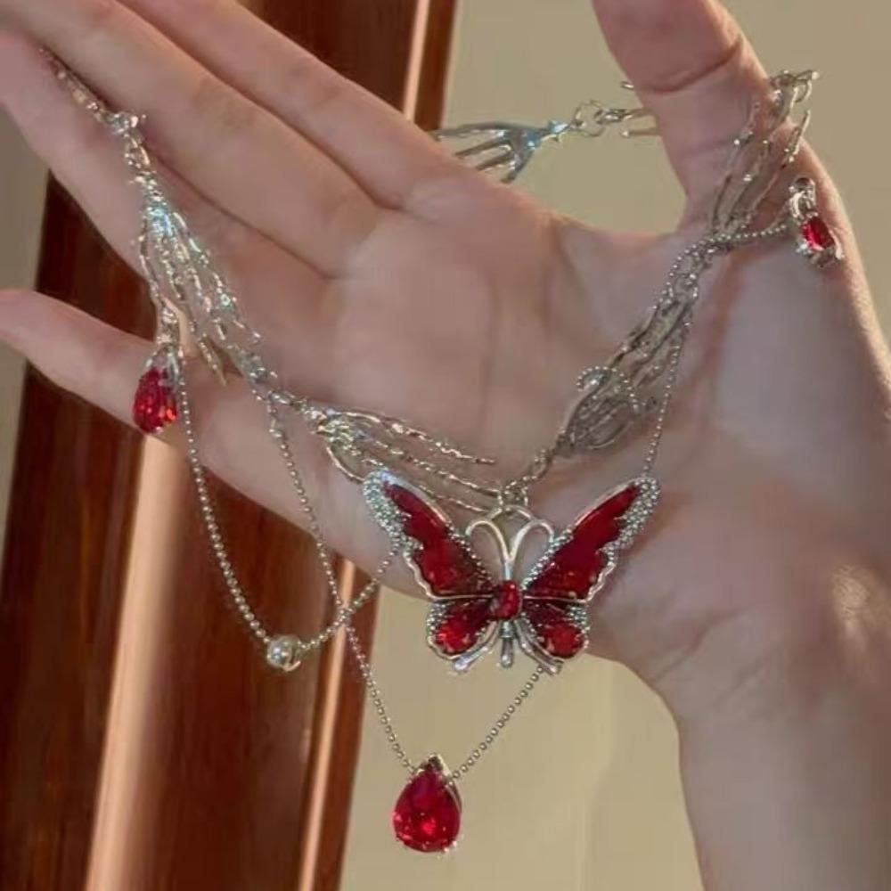 Sweet Cool Red Drip Glaze Butterfly Tassel Multi-Layered Collarbone Chain Necklace Spice Girls Devil's Claw Exaggerated Necklace Women