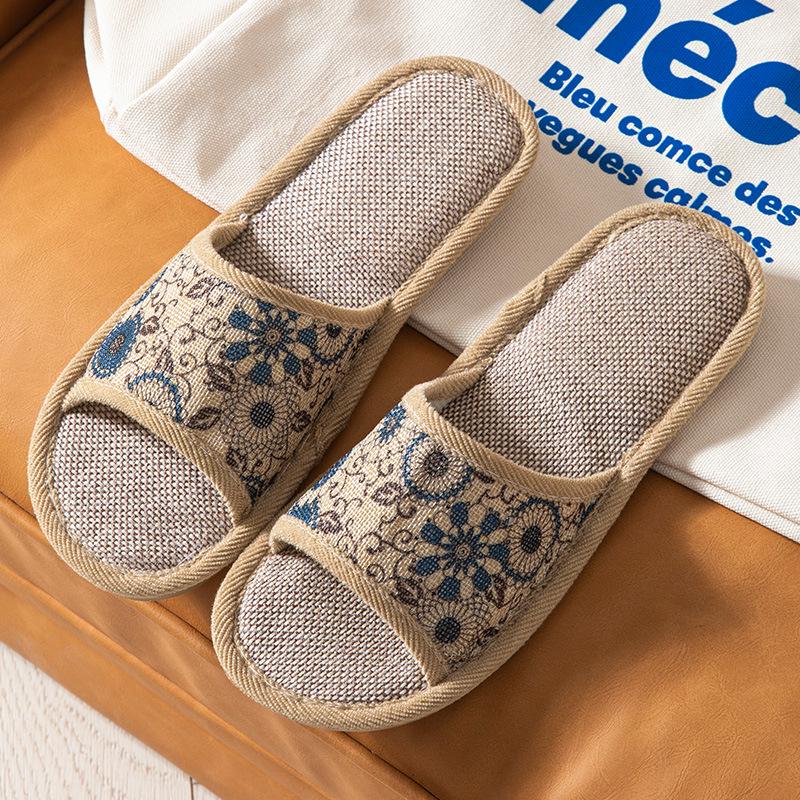 Retro Floral Open-Toe Linen Slippers for All Seasons