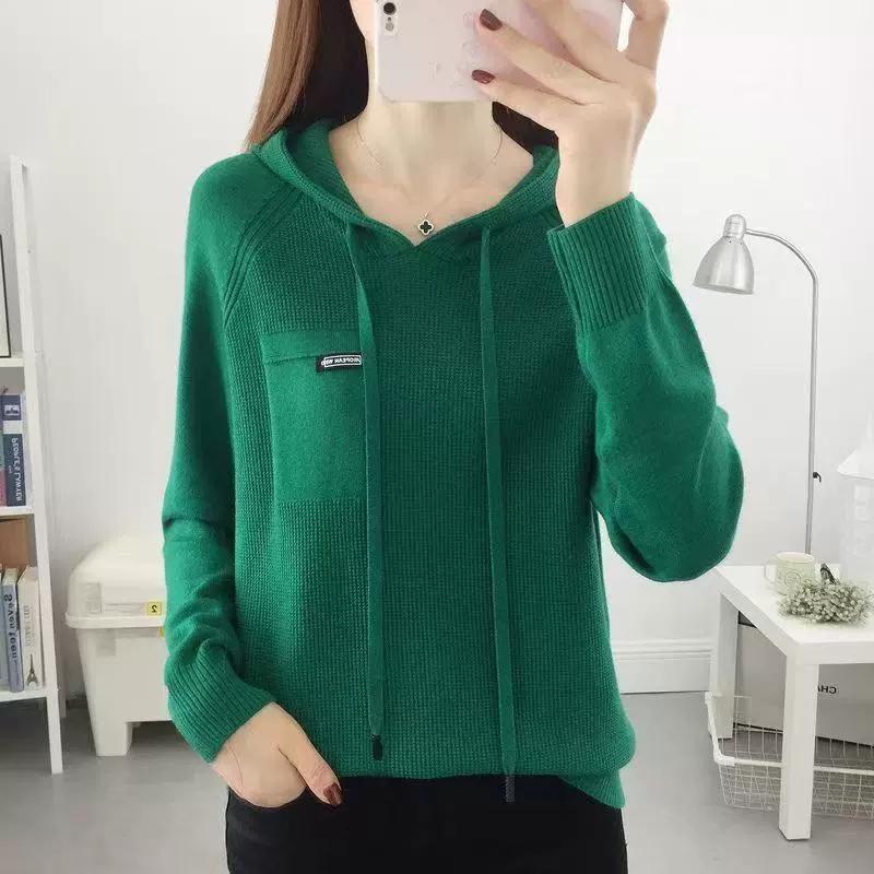 Spring and Autumn Hooded Knitted Sweater Women's Fashionable Western Style Loose Sweater Bottom Coat Women's Top
