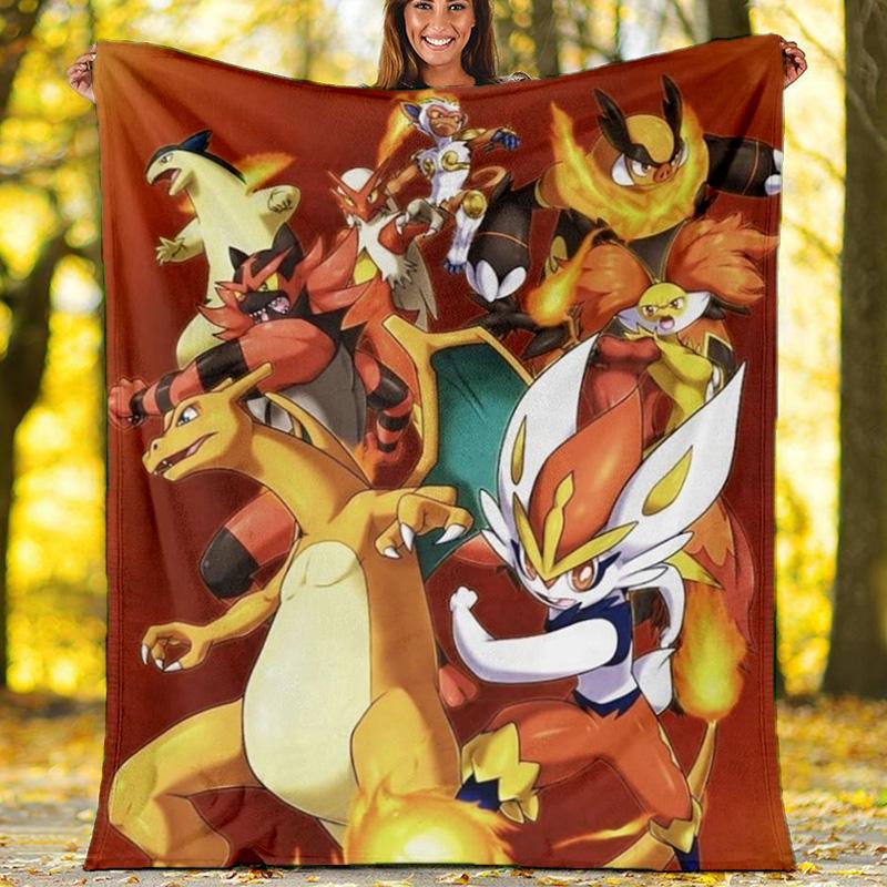 Fire Type Pokemon Team Flannel Fleece Blanket, Soft Warm Anime Monster Throw Blanket for Home, Cinderace Gift