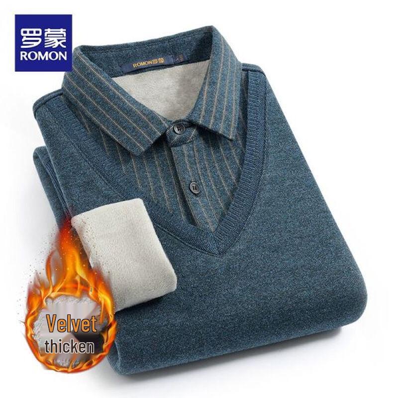 ROMON Men's Fleece-Lined Faux Two-Piece Knit Sweater