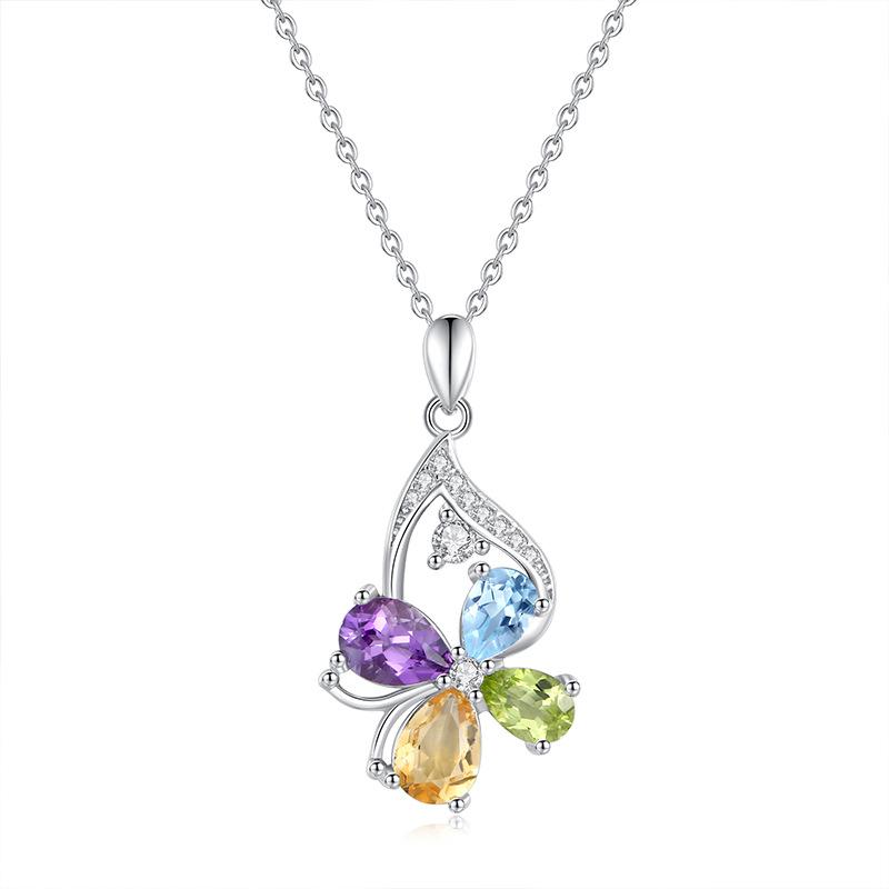 Rainbow inlaid crystal stone four-leaf clover pendant S925 sterling silver necklace Japanese and Korean collarbone chain natural crystal accessories 925 silver