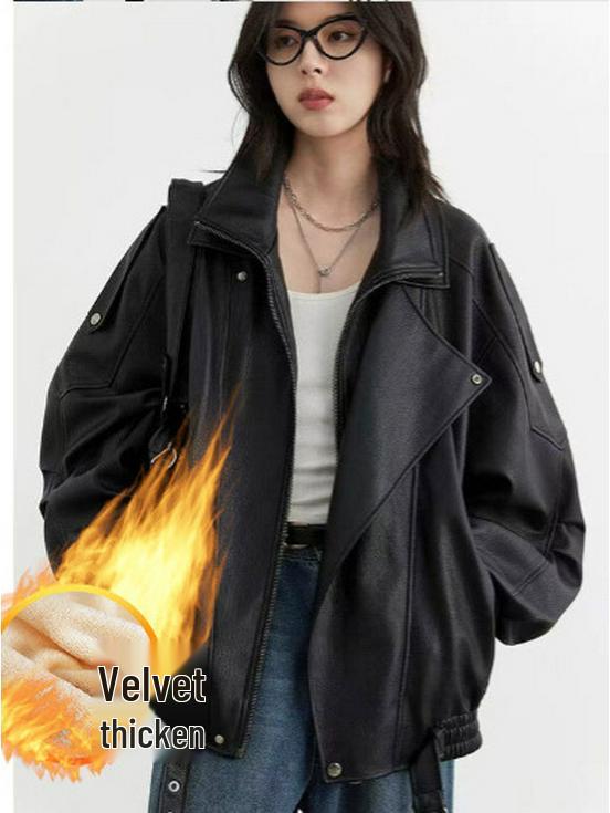 2025 Unisex Velvet-Lined Leather Motorcycle Jacket - High-End Punk Winter Style