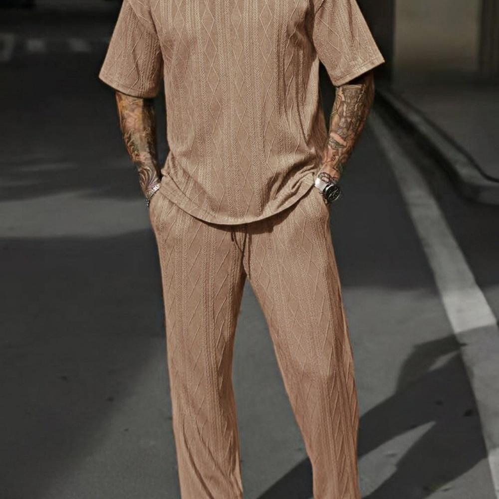 

2025 Новая летняя мода мужская повседневная рубашка с короткими рукавами, однотонные длинные брюки с короткими рукавами, комплект из двух предметов 3XL хаки