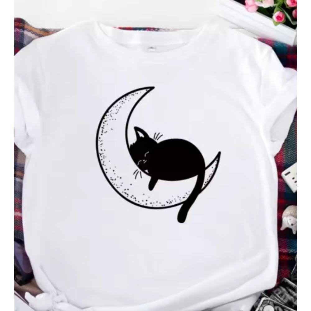 Women's Vintage Tarot Card Skeleton Cat The Lovers Print T-Shirt Men Oversized Tee Cotton Loose Top Short Sleeve