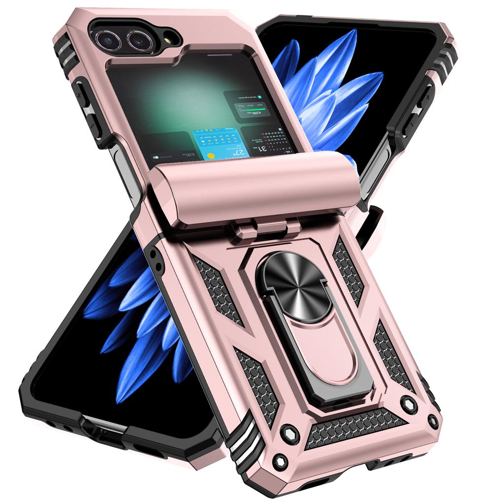 For Samsung Galaxy Z Flip 6 5 4 3 Case with Slide Lens Cover, 360° Magnetic Ring Kickstand Upgraded Military Grade Shockproof
