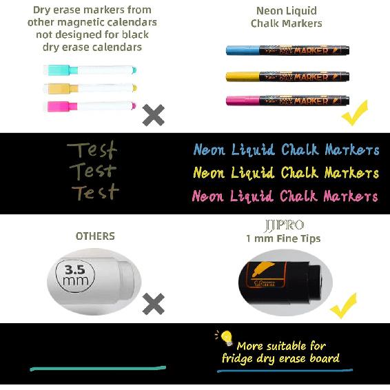 Magnetic Chalkboard Monthly Calendar with neon Bright Liquid Chalk Markers – Black Refrigerator Monthly Planning Board w/Bonus - Grocery List and