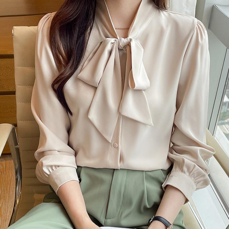 Spring and Summer New Ladies Long Sleeve Chiffon Ribbon Gentle Shirt