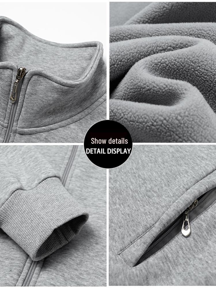 Men's Plus Size Fleece-Lined Stand Collar Cardigan Jacket - Thick, Loose, Casual, Versatile Winter Sweatshirt