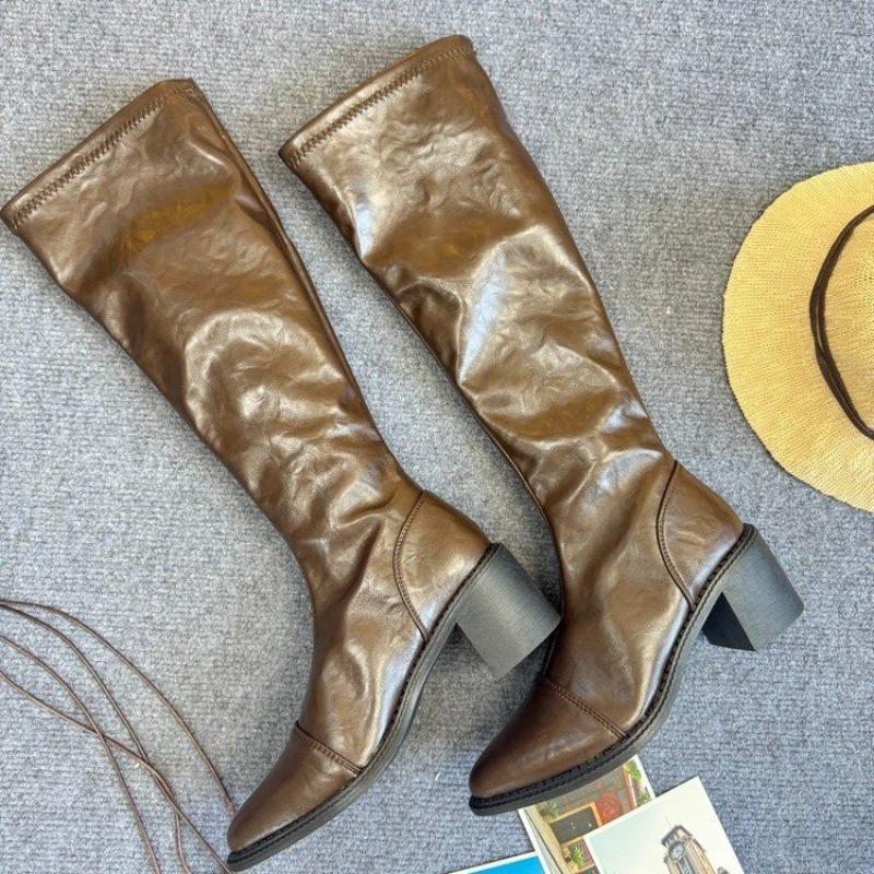 Fashion French Mid-leg Boots Women's 2025 Spring and Fall New Retro Fashion Versatile Chunky Heel High Heel Pointed Toe Skinny Boots