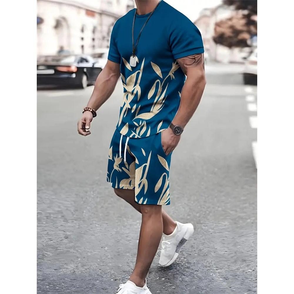 Summer Fashion T Shirt Shorts Set High Temperament Street Men's Mens 3D Short Sleeve Loose Top Gradient Coconut Print Style