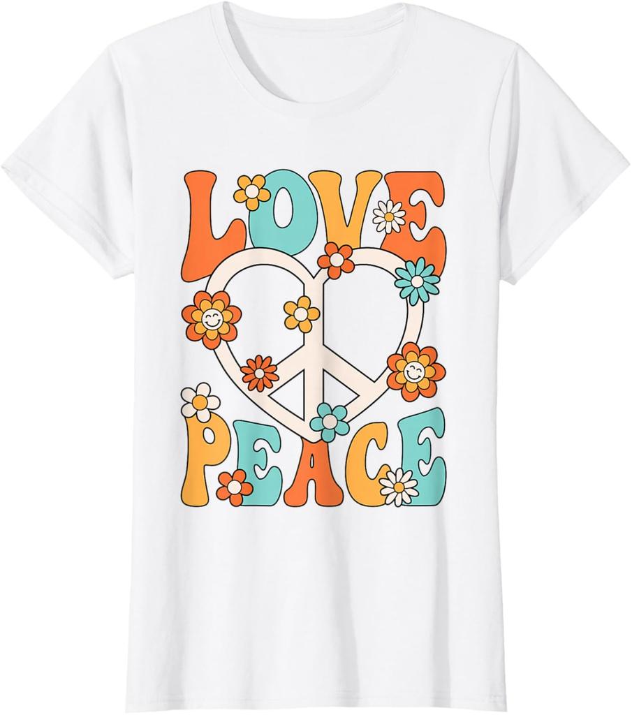 Love Peace Sign Groovy Hippie Graphic Tee Retro 70s Style Cotton T-Shirt for Women