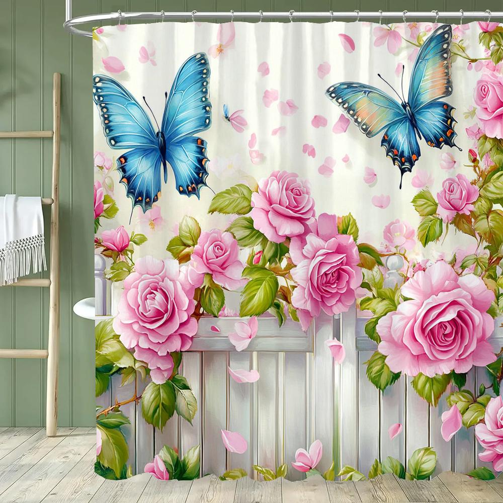 Butterfly And Floral Printed Shower Curtain Family Home Decoration Polyester Bathtub Curtain Bathroom Partition Room Curtain