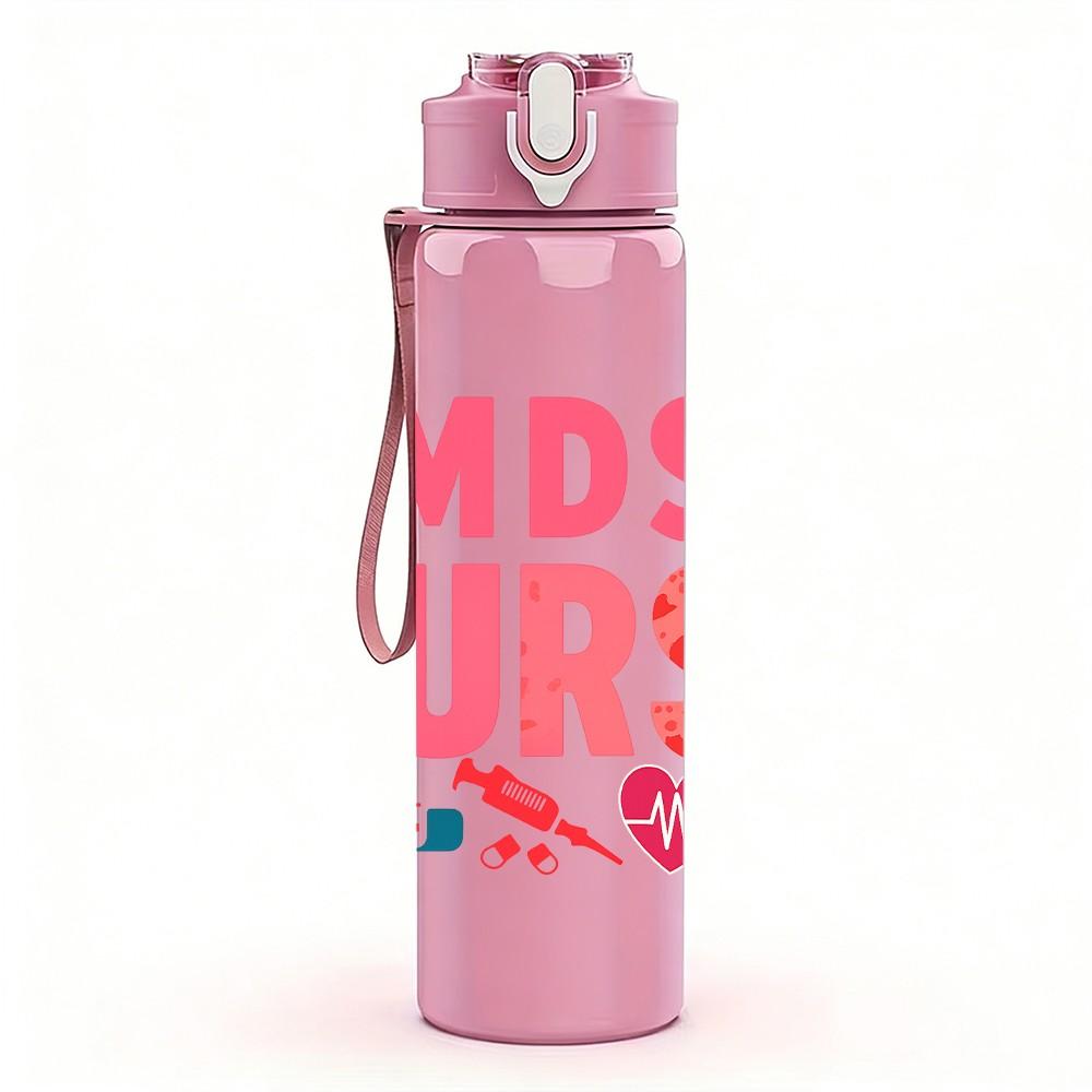 1PC MDS Nurse Color Heart Text 750ml Color Plastic Sports Water Bottle Leakproof Flip Straw Lid Suitable for Sports Office Home Use